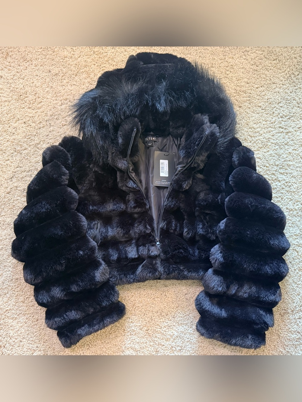 PLTSKI Black Bubble Fux Fur Puffer Coat Hooded Zip L NWT